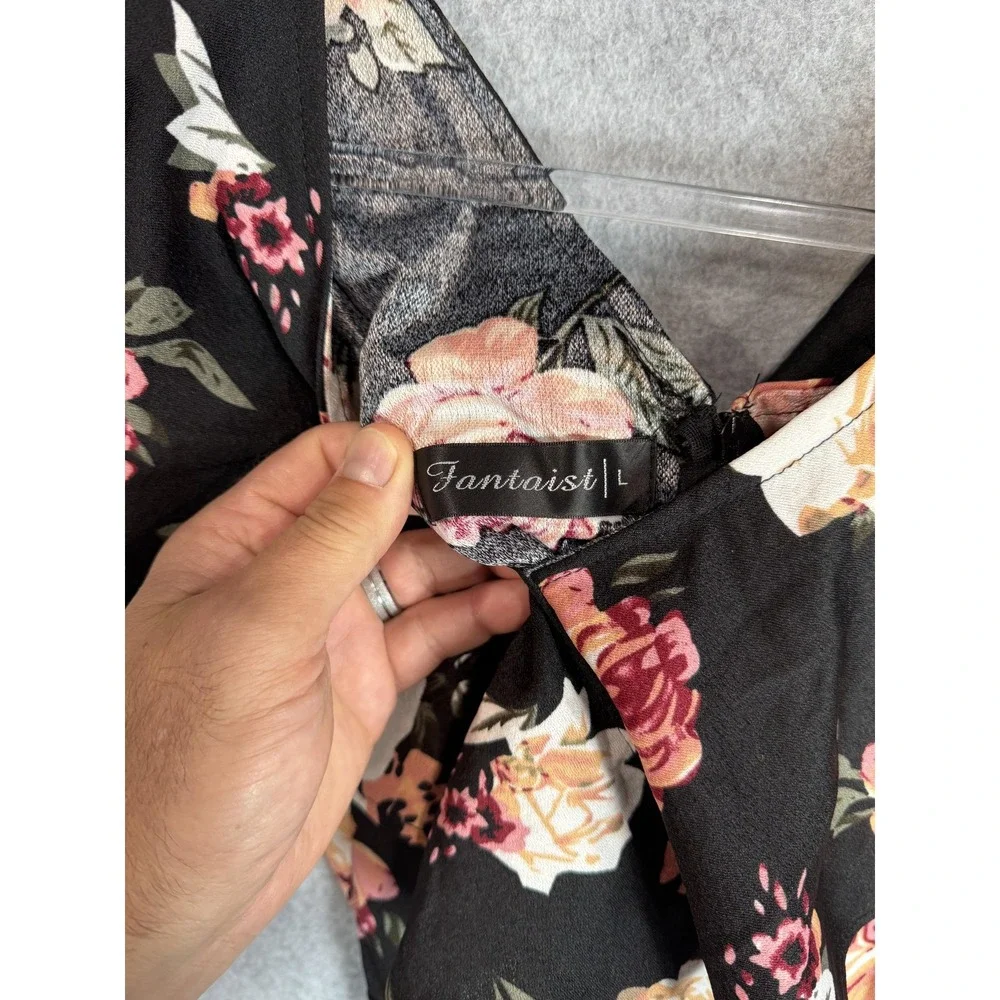 Fantaist Dress Womens Large Black Floral Wrap Short Sleeve Fit Flare Belted Boho